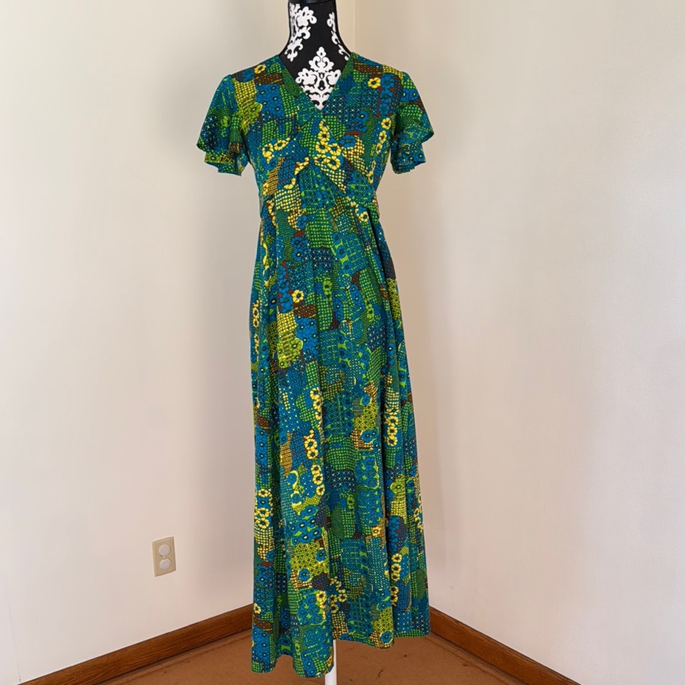 Green and Blue V-Neck Flutter Sleeve Maxi Dress One of a Kind.